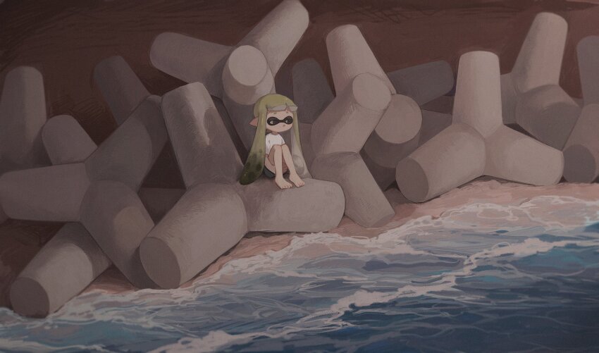 1girl barefoot black_eyes black_shorts blonde_hair commentary day half-closed_eyes highres hugging_own_legs inkling inkling_girl inkling_player_character knees_up liang_cun_rakuna looking_to_the_side nintendo no_mouth outdoors pointy_ears shirt shore short_eyebrows short_hair_with_long_locks short_shorts short_sleeves shorts sitting sitting_on_object solo splatoon_(series) symbol-only_commentary t-shirt tentacle_hair tetrapod waves white_shirt wide_shot