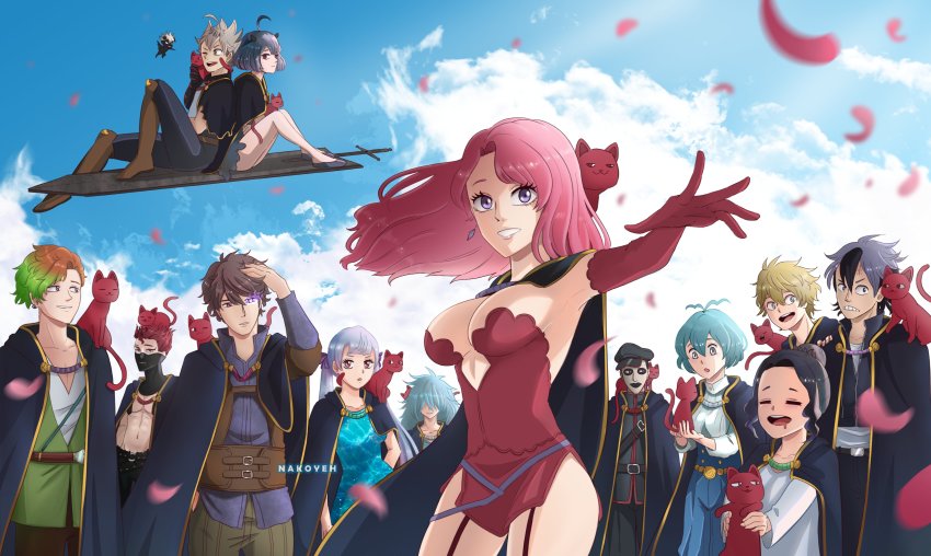 absurdres asta_(black_clover) black_clover black_hair blonde_hair breasts charmy_pappitson cleavage earrings elbow_gloves closed_eyes finral_roulacase garter_straps gauche_adlai gloves gordon_agrippa green_hair grey_(black_clover) henry_legolant highres jewelry large_breasts long_hair looking_at_viewer luck_voltia magna_swing multicolored_hair multiple_boys multiple_girls nakoyeh noelle_silva open_mouth pink_hair purple_eyes red_hair secre_swallowtail silver_hair smile twintails two-tone_hair vanessa_enoteca zora_ideale