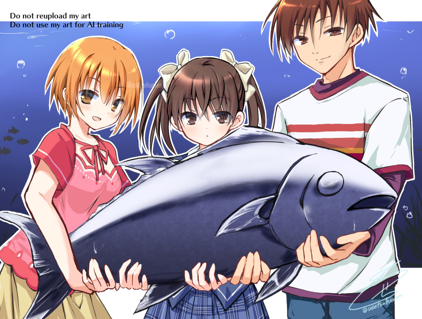 &gt;:) 1boy 1girl 2girls :d air_bubble animal blue_skirt blush bow brown_eyes brown_hair bubble casual closed_mouth commentary_request cowboy_shot ever_17 eyes_visible_through_hair fish hair_between_eyes hair_bow highres holding holding_animal holding_fish kaburaki_ryougo looking_at_viewer matsunaga_sara medium_hair multiple_girls open_mouth orange_hair parted_lips pink_shirt plaid_clothes plaid_skirt shirt short_hair short_sleeves side-by-side signature skirt smile spiked_hair split_mouth t-shirt tanaka_yubiseiakikana tareme twintails twitter_username usetsusakon2 v-shaped_eyebrows white_shirt yellow_bow