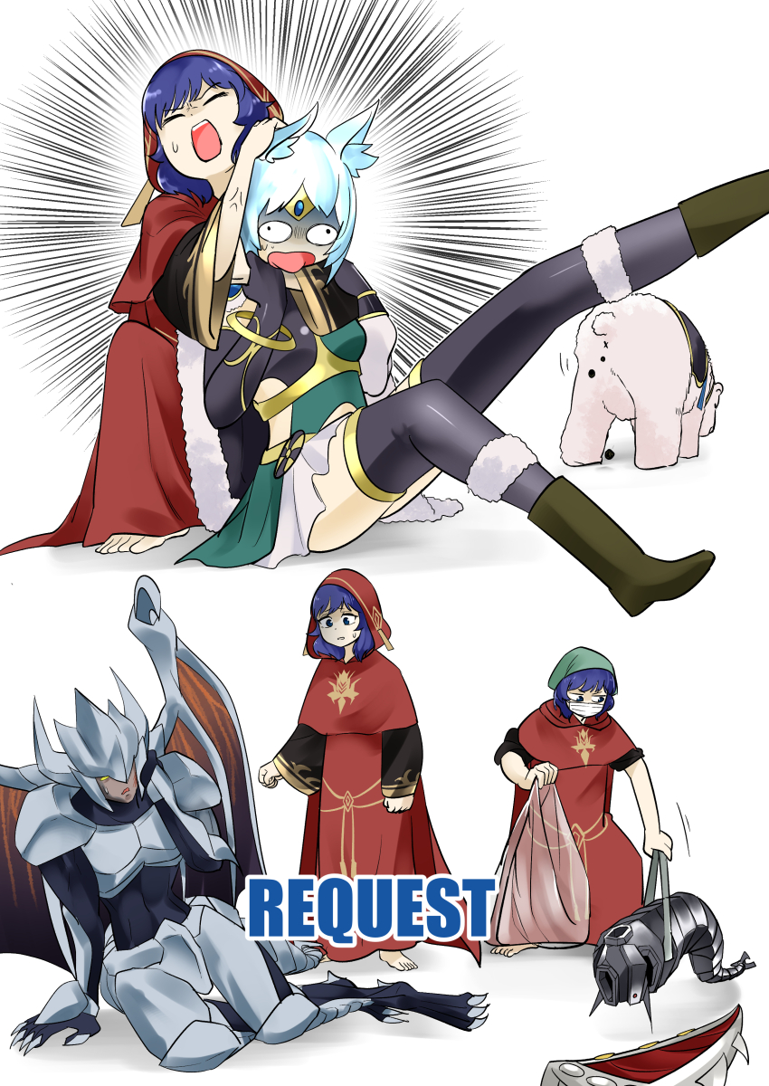 1boy 2girls absurdres animal_ears apollousa_bow_of_the_goddess asphyxiation bear blue_eyes blue_hair chimeratech_overdragon commentary commission demon_boy duel_monster dyna_tank evil_hero_dark_gaia gameplay_mechanics highres lo_the_prayers_of_the_voiceless_voice multiple_girls multiple_views pixiv_commission poop red_robe robe sawan_cutman white_background yu-gi-oh!