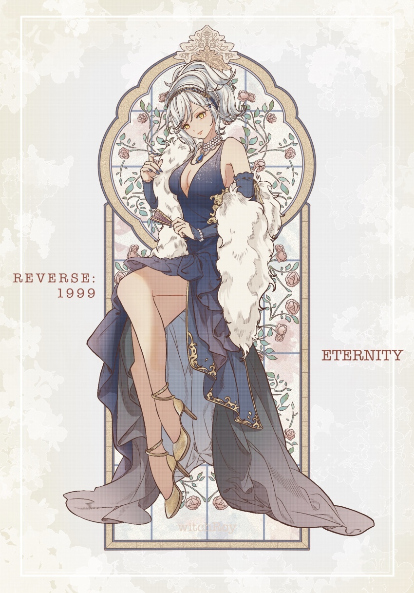 1girl anklet bare_legs bare_shoulders blue_dress blue_hairband blue_nails blue_sleeves breasts character_name cleavage copyright_name detached_sleeves dress eternity_(reverse:1999) feather_boa floral_background folded_fan folding_fan full_body grey_background grin hairband hand_fan hand_up high_heels highres holding holding_fan invisible_chair jewelry large_breasts long_dress looking_at_viewer medium_hair necklace pearl_necklace plunging_neckline ponytail reverse:1999 shoes side_slit sitting sleeveless sleeveless_dress smile solo white_hair ya_(witchroy) yellow_eyes yellow_shoes