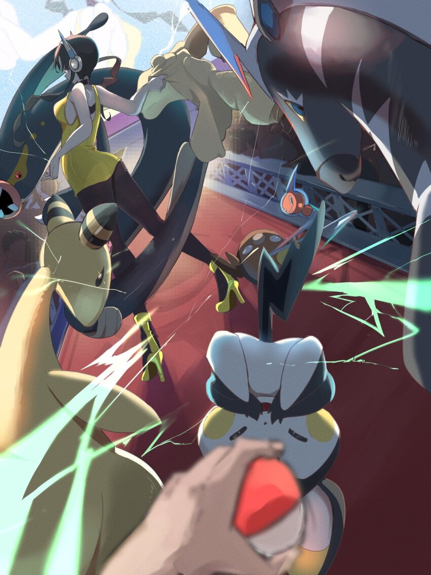 1girl ampharos bad_id bad_twitter_id bare_shoulders black_hair blue_eyes blunt_bangs breasts choker coat collarbone eelektross elesa_(pokemon) emolga fur_coat fur_jacket gen_2_pokemon gen_4_pokemon gen_5_pokemon headphones high_heels highres holding holding_poke_ball jacket long_hair low_neckline momdy_(talesshinja) nintendo poke_ball pokemon pokemon_(creature) pokemon_bw pokemon_bw2 rotom sidelocks sleeveless stunfisk thighhighs yellow_coat yellow_jacket zebstrika