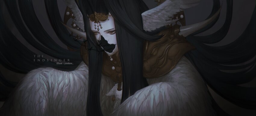 1girl absurdres bird black_bird black_hair commentary cracked_face english_commentary final_fantasy final_fantasy_xiv floating_hair forehead forehead_jewel gradient_background grey_background half-closed_eyes head_wings highres horned_armor horror_(theme) long_hair madra_(album) meteion multiple_wings pale_skin solo straight_hair the_endsinger very_long_hair wings yellow_eyes yuki_lu