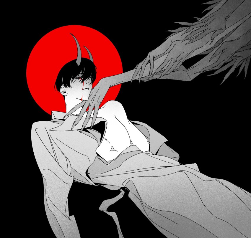 1boy benkdjjituibot black_background black_hair blood blood_on_face bloody_tears coat demon_horns fingernails hair_over_one_eye hand_on_another&#039;s_chin highres horns leaning_back long_fingernails looking_at_another lying omniscient_reader&#039;s_viewpoint on_back out_of_frame partially_undressed pectoral_cleavage pectorals people reaching reaching_towards_another short_hair spot_color sun_behind_head too_many_hands white_coat