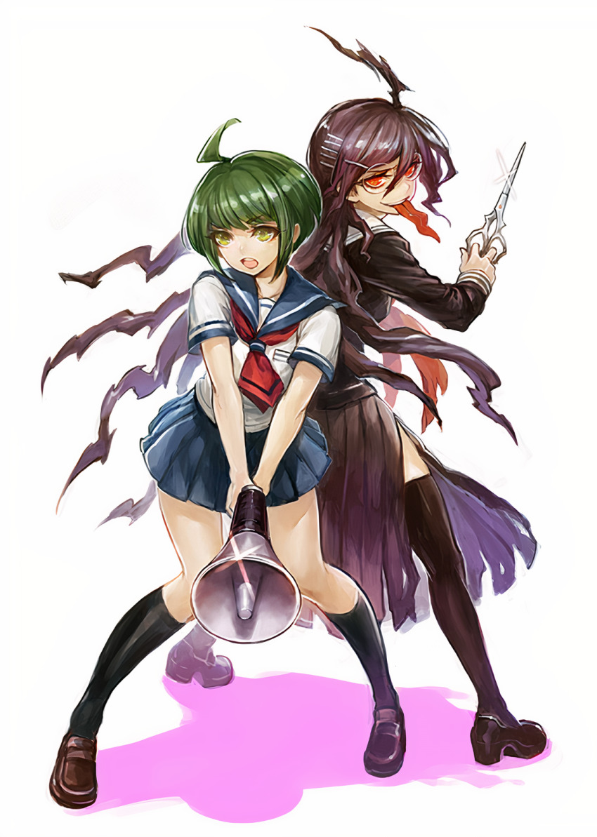 2girls ahoge black_footwear black_thighhighs blue_collar brown_footwear kneehighs collar danganronpa_(series) danganronpa_another_episode:_ultra_despair_girls dress ears eyebrows eyelashes female_focus fukawa_toko full_body genocider_shou glasses green_eyes green_hair hair_ornament hairclip highres holding holding_megaphone holding_scissors holding_weapon knees_bent legs long_hair long_tongue looking_at_viewer lower_teeth_only matching_hair/eyes medium_hair megaphone messy_hair multiple_girls naegi_komaru nose open_mouth pleated_dress pleated_skirt purple_dress purple_hair red_eyes red_neckwear red_scarf round_eyewear scarf school_uniform scissors serafuku shadow simple_background skirt standing teeth thighhighs tongue tongue_out torn_clothes upper_teeth_only weapon white_background white_serafuku