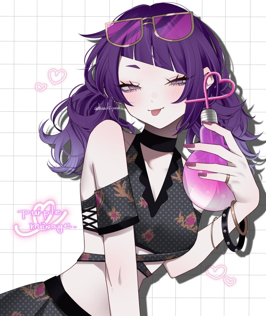 1girl :p bikini black_bikini blush bottle bracelet breasts collarbone commentary diagonal_bangs drop_shadow ear_piercing english_text eyewear_on_head grid_background half-closed_eyes hazaki_yoshino heart highres holding holding_bottle idolmaster idolmaster_shiny_colors jewelry looking_at_viewer piercing polka_dot polka_dot_bikini purple-tinted_eyewear purple_eyes purple_hair smile solo sunglasses swimsuit tanaka_mamimi tinted_eyewear tongue tongue_out twintails twitter_username white_background