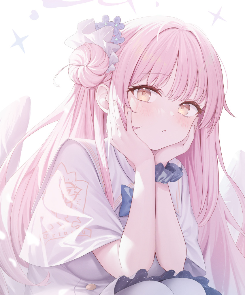 1girl absurdres blue_archive blue_bow blue_bowtie blush bow bowtie capelet commentary dress feathered_wings hair_bun hair_intakes halo hands_on_own_cheeks hands_on_own_face head_rest highres long_hair looking_at_viewer low_wings mika_(blue_archive) pantyhose pink_hair pink_halo roi_(liu_tian) scrunchie single_hair_bun single_side_bun solo white_capelet white_dress white_pantyhose white_wings wings wrist_scrunchie yellow_eyes