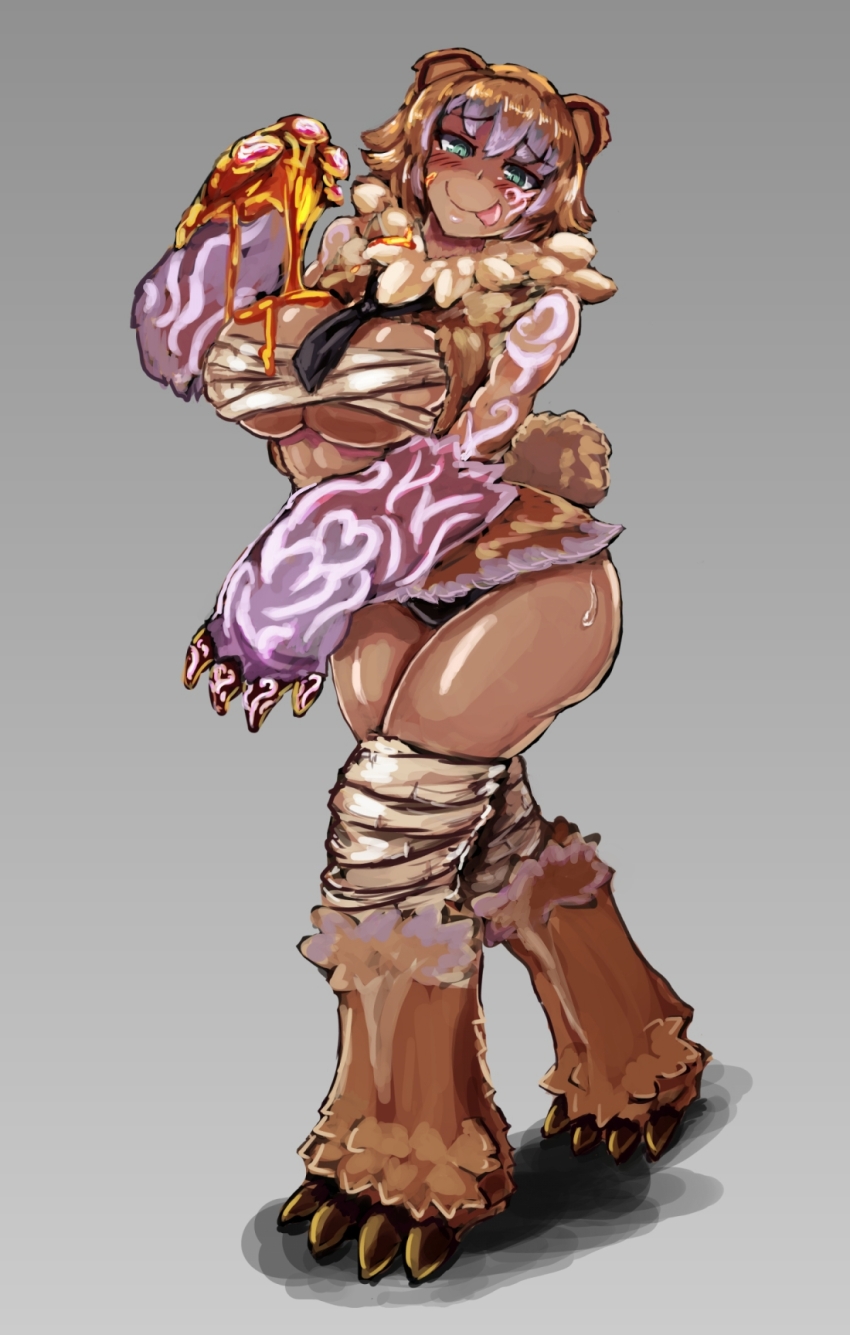 1girl abs animal_ears arm_tattoo bandaged_breasts bandaged_chest bandages bear_claws bear_ears bear_girl bear_paws bear_tail belt_bra blush breasts brown_hair claws curvy dark-skinned_female dark_skin facial_tattoo food food_on_body food_on_breasts food_on_face glowing glowing_tattoo green_eyes grey_background grizzly_(monster_girl_encyclopedia) heart heart_tattoo highres honey large_breasts licking_lips looking_at_viewer monster_girl monster_girl_encyclopedia nail_polish necktie open_clothes open_robe revealing_clothes robe shadow short_hair short_tail shoulder_tattoo simple_background slit_pupils smile sweat tail tattoo thick_thighs thighs thong tongue tongue_out udetamago underboob wide_hips wrist_tattoo