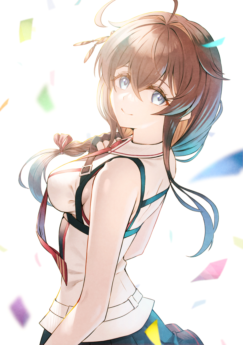 1girl ahoge backlighting bare_shoulders black_gloves black_skirt blue_eyes braid breasts brown_hair commentary confetti fingerless_gloves from_behind gloves hair_flaps hair_ornament highres kantai_collection looking_at_viewer looking_back medium_breasts necktie pleated_skirt red_necktie shigure_(kancolle) shigure_kai_san_(kancolle) shirt sho_(sumika) sideboob simple_background single_braid skirt sleeveless sleeveless_shirt smile solo white_background white_shirt