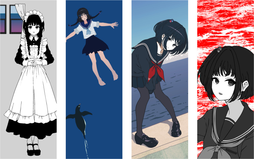 1girl :d afloat amemori_sayo bent_over bird black_eyes black_hair black_pantyhose black_sailor_collar black_serafuku black_shirt black_skirt blue_neckerchief blue_sailor_collar breast_pocket closed_mouth collarbone dutch_angle greyscale_with_colored_background horizon legs_apart looking_at_viewer maid maid_headdress miniskirt multiple_views neckerchief nijisanji nkymyura ocean one_side_up open_mouth outstretched_arms own_hands_together pantyhose penguin pleated_skirt pocket red_neckerchief sailor_collar school_uniform serafuku shirt skirt smile virtual_youtuber white_shirt