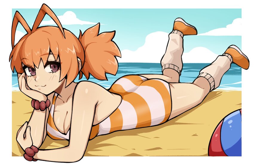 1girl antenna_hair beach border borrowed_character breasts brown_eyes choppy_bangs cleavage closed_mouth commentary day english_commentary full_body grey_socks head_rest highres looking_at_viewer lying medium_breasts ocean on_stomach one-piece_swimsuit oninuer orange_hair orange_one-piece_swimsuit orange_shoes original outdoors outside_border shoes smile socks solo striped_clothes striped_one-piece_swimsuit swimsuit white_border