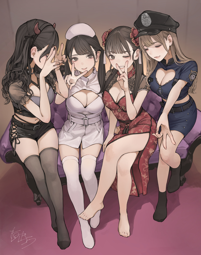 4girls absurdres barefoot black_eyes black_hair black_hat black_shorts black_socks black_thighhighs blue_shirt blue_skirt blush breasts brown_hair bun_cover china_dress chinese_clothes cleavage closed_mouth commentary_request couch covering_face double_bun dress fake_horns grin hair_bun harem hat highres horns indoors koh_(minagi_kou) large_breasts long_hair multiple_girls nurse nurse_cap on_couch one_eye_closed original peaked_cap pencil_skirt police police_uniform red_dress red_horns revealing_clothes shirt short_sleeves shorts sitting skirt smile socks thighhighs toes v white_thighhighs
