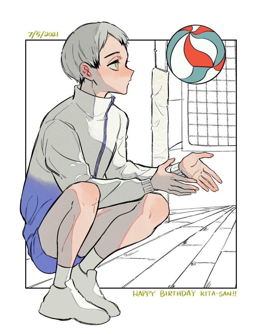 1boy ball black_hair blue_shorts coco_(238243) collared_jacket colored_tips commentary_request dated english_text fingernails full_body grey_eyes grey_hair haikyuu!! happy_birthday highres jacket kita_shinsuke long_sleeves looking_at_object male_focus multicolored_hair parted_lips popped_collar profile shoes short_hair shorts socks solo volleyball volleyball_(object) volleyball_court volleyball_net white_shoes white_socks zipper