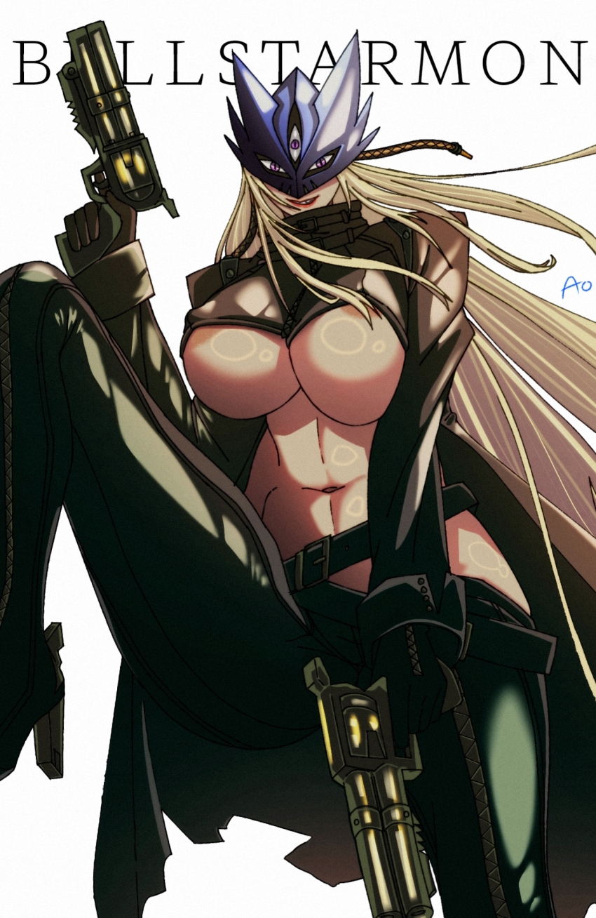 1girl annimeone7 artist_name beelstarmon black_gloves blonde_hair breasts character_name cropped_jacket digimon digimon_(creature) female_focus gloves gun high_heels highres holding holding_gun holding_weapon jacket large_breasts leather leather_jacket leather_pants leg_up long_hair looking_at_viewer mask navel pants purple_eyes simple_background stomach third_eye underboob weapon white_background