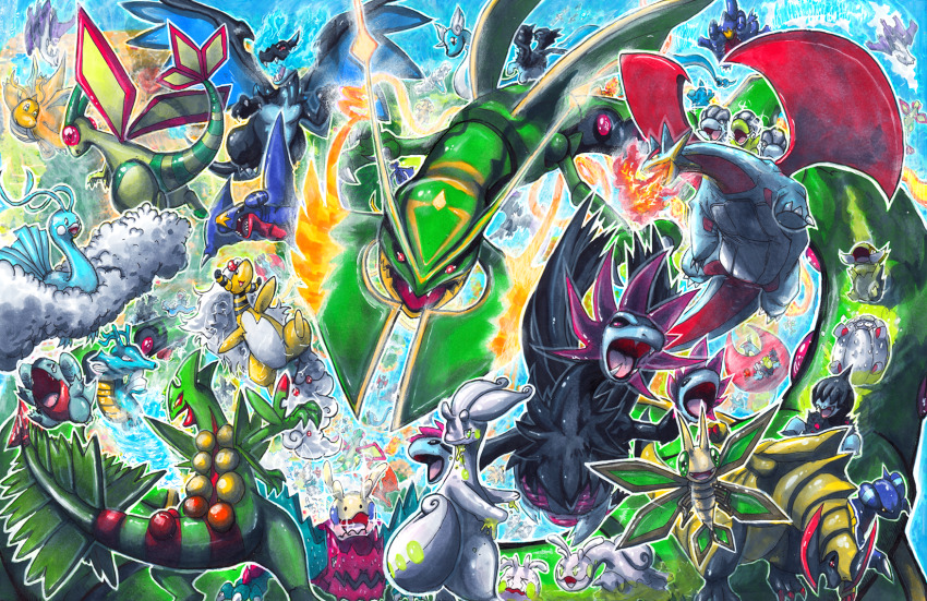 altaria alternate_color ampharos axew bagon breath_weapon breathing_fire charizard charmander commentary creatures_(company) deino_(pokemon) dragon dragonair dragonite dratini druddigon electricity english_commentary fangs fire flygon flying fraxure gabite game_freak garchomp gen_1_pokemon gen_2_pokemon gen_3_pokemon gen_4_pokemon gen_5_pokemon gen_6_pokemon gible goodra goomy haxorus highres hydreigon kingdra latias latios legendary_pokemon mega_ampharos mega_charizard_x mega_latias mega_latios mega_pokemon mega_rayquaza mega_salamence mega_sceptile nintendo no_humans open_mouth outline pokemon pokemon_(creature) pokemon_focus rayquaza salamence sceptile shelgon shiny_and_normal shiny_pokemon sliggoo sparkle swablu sweat takkun_(takkun_art) traditional_media trapinch treecko vibrava white_outline wingull zweilous