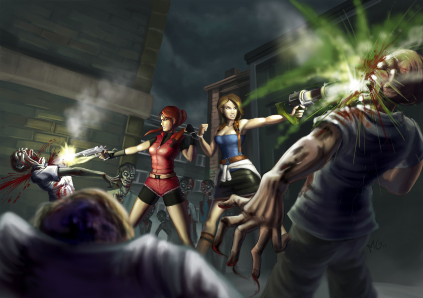2girls acid artist_name bare_shoulders battle bike_shorts blood blue_eyes boots break-action_grenade_launcher breasts brown_hair capcom claire_redfield cleavage clothes_around_waist cuffs cutoffs denim denim_shorts desert_eagle drawfag extended_barrel fingerless_gloves gloves grenade_launcher gun handcuffs handgun headshot hk-p_l1 jill_valentine knee_boots long_hair mario_grant miniskirt multiple_girls ponytail resident_evil resident_evil_2 resident_evil_3:_nemesis short_hair shorts signature skirt suspenders sweater sweater_around_waist weapon zombie