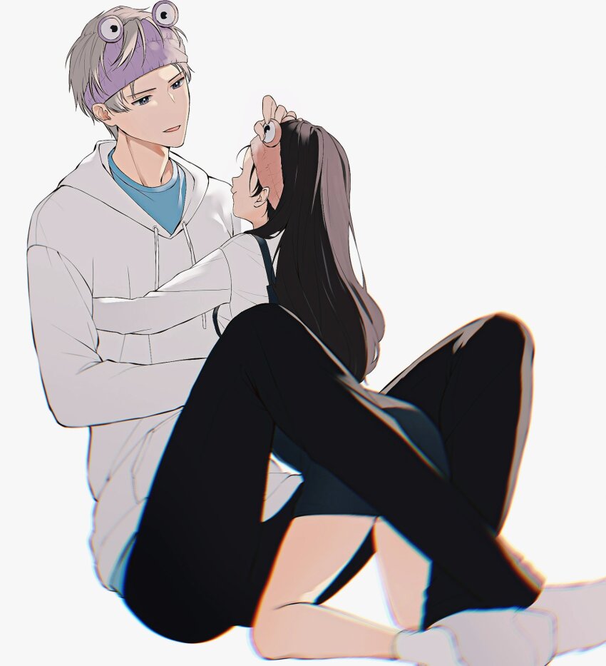 1boy 1girl aqua_shirt black_hair black_pants breasts couple full_body grey_hair hairband hand_on_another&#039;s_head hetero highres hood hood_down hoodie hug kneeling long_hair love_and_deepspace manatsuki_manata medium_breasts pants parted_bangs parted_lips pink_hairband protagonist_(love_and_deepspace) purple_hairband shirt short_hair sitting smile socks white_hoodie white_shirt white_socks xavier_(love_and_deepspace)
