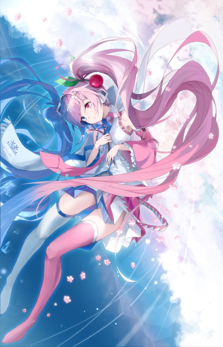 1girl asahi_kuroi asymmetrical_footwear blue_eyes blue_hair boots cherry_hair_ornament cloud commentary_request detached_sleeves flower food-themed_hair_ornament full_body hair_flower hair_ornament hatsune_miku heterochromia highres long_hair miku_day mismatched_footwear necktie pink_eyes pink_hair pink_necktie pink_shoes pink_skirt pink_sleeves sakura_miku scarf shirt shoes signature skirt snowflake_print solo thigh_boots twintails very_long_hair vocaloid white_scarf white_shirt white_shoes white_skirt white_sleeves yuki_miku yuki_miku_(2011)