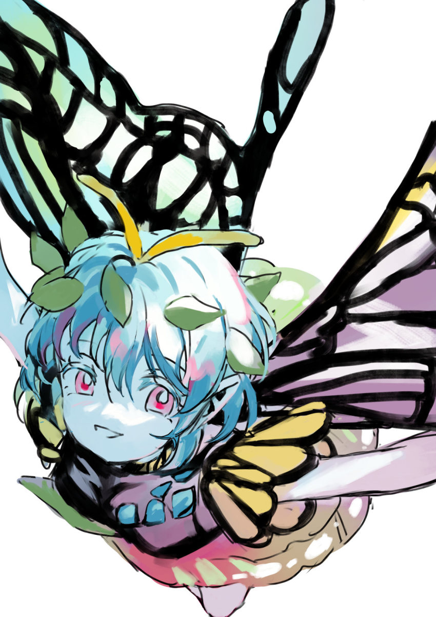 1girl ama_asagi antennae aqua_hair bad_anatomy bad_arm butterfly_wings dress eternity_larva fairy green_dress highres insect_wings leaf leaf_on_head multicolored_dress one-hour_drawing_challenge open_mouth pointy_ears red_eyes short_hair short_sleeves simple_background smile solo touhou white_background wings