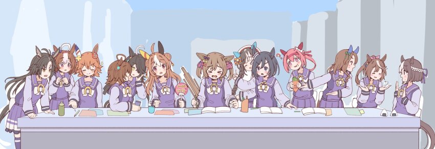 &gt;_&lt; 6+girls =_= ? agnes_tachyon_(umamusume) ahoge air_shakur_(umamusume) beret black_hair braid closed_eyes closed_mouth commentary_request copano_rickey_(umamusume) eishin_flash_(umamusume) fine_art_parody food glass haru_urara_(umamusume) hat highres hokko_tarumae_(umamusume) king_halo_(umamusume) long_hair looking_at_another manhattan_cafe_(umamusume) matikanefukukitaru_(umamusume) medium_hair multiple_girls notebook onigiri open_mouth parody ponytail rakugakiraid school_uniform simple_background smart_falcon_(umamusume) special_week_(umamusume) table the_last_supper thighhighs tokai_teio_(umamusume) tracen_school_uniform umamusume