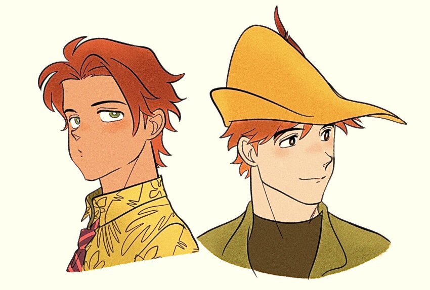 2boys closed_mouth collared_shirt cropped_shoulders hat hat_feather humanization male_focus multiple_boys necktie nick_wilde orange_hair parted_lips red_hair robin_hood_(disney_character) robin_hood_(disney_movie) shirt short_hair simple_background smile striped_necktie uochandayo white_background yellow_hat zootopia