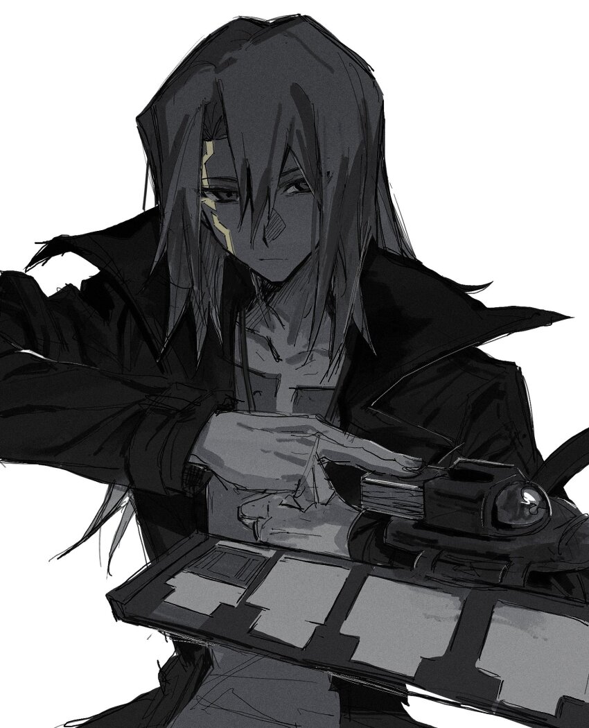 arm_up clenched_hand duel_disk expressionless facial_mark facing_to_the_side finger_gun grey_eyes grey_hair grey_jacket grey_shirt harmonica highres holding instrument jacket jewelry kiryu_kyosuke looking_to_the_side medium_hair monochrome necklace nini9275 open_clothes open_jacket partially_colored popped_collar shirt white_background yu-gi-oh! yu-gi-oh!_5d&#039;s