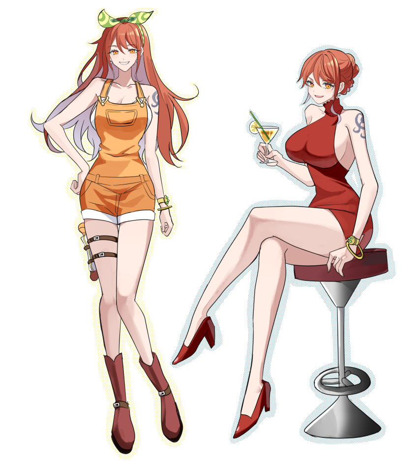 1girl absurdres bangle bare_legs bare_shoulders boots bow bow_hairband bracelet breasts brown_boots clima-tact collarbone commentary commission crossed_legs cup dress drink earrings full_body green_bow green_hairband hairband hand_on_own_hip high_heels highres holding holding_cup holding_drink jewelry kasuga_kaya large_breasts log_pose long_hair looking_at_viewer multiple_views nami_(one_piece) nami_(one_piece)_(whole_cake_island) official_alternate_costume official_alternate_hairstyle one_piece one_piece:_stampede orange_eyes orange_hair overall_shorts overalls parted_lips pearl_earrings red_dress red_shoes shoes short_dress shorts shoulder_tattoo single_sidelock sitting sleeveless sleeveless_dress smile standing tattoo thigh_strap turtleneck turtleneck_dress wavy_hair white_background yellow_overalls yellow_shorts