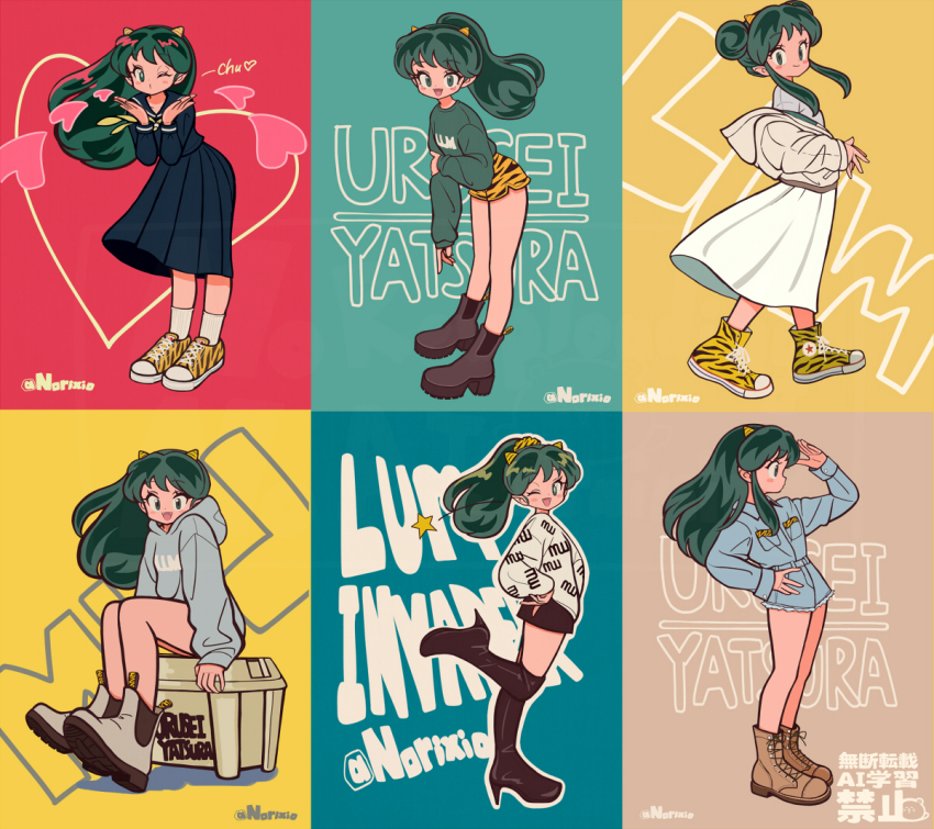 6+girls alternate_costume alternate_hairstyle animal_print artist_name black_footwear black_skirt blowing_kiss blue_hoodie blue_skirt blush_stickers boots brown_footwear character_name collage colorful cone_horns denim denim_shorts double_bun green_eyes green_hair green_sweater grey_footwear hair_bun hair_ornament hair_scrunchie heart high_heel_boots high_heels high_ponytail hood hoodie horns knee_boots leaning_back leaning_forward long_hair long_skirt looking_at_viewer loose_clothes lum miniskirt multiple_girls multiple_views neckerchief norixio one_eye_closed pleated_skirt ponytail print_footwear print_hoodie print_scrunchie print_shorts print_sweater school_uniform scrunchie shoes short_shorts shorts sitting skirt small_horns socks standing star_(symbol) striped_horns sweater tiger_print urusei_yatsura walking white_hoodie white_skirt white_socks yellow_horns yellow_neckerchief yellow_scrunchie yellow_shoes