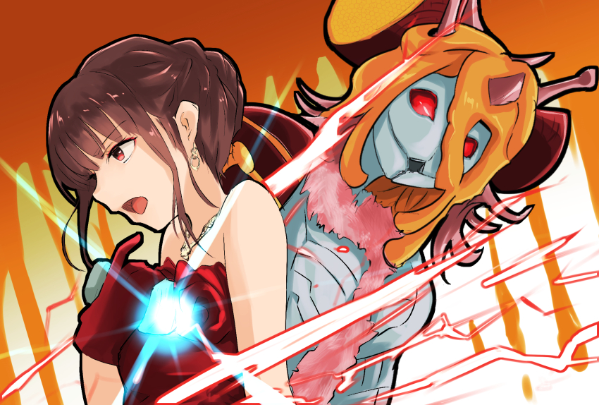 2girls aguilera_(kamen_rider_revice) alternate_form animal_ears arthropod_girl bare_shoulders brown_hair colored_skin cycloneactionx deadmen_(kamen_rider_revice) gloves highres jewelry kamen_rider kamen_rider_revice monster multiple_girls necklace queen_bee_deadman red_eyes red_gloves tokusatsu
