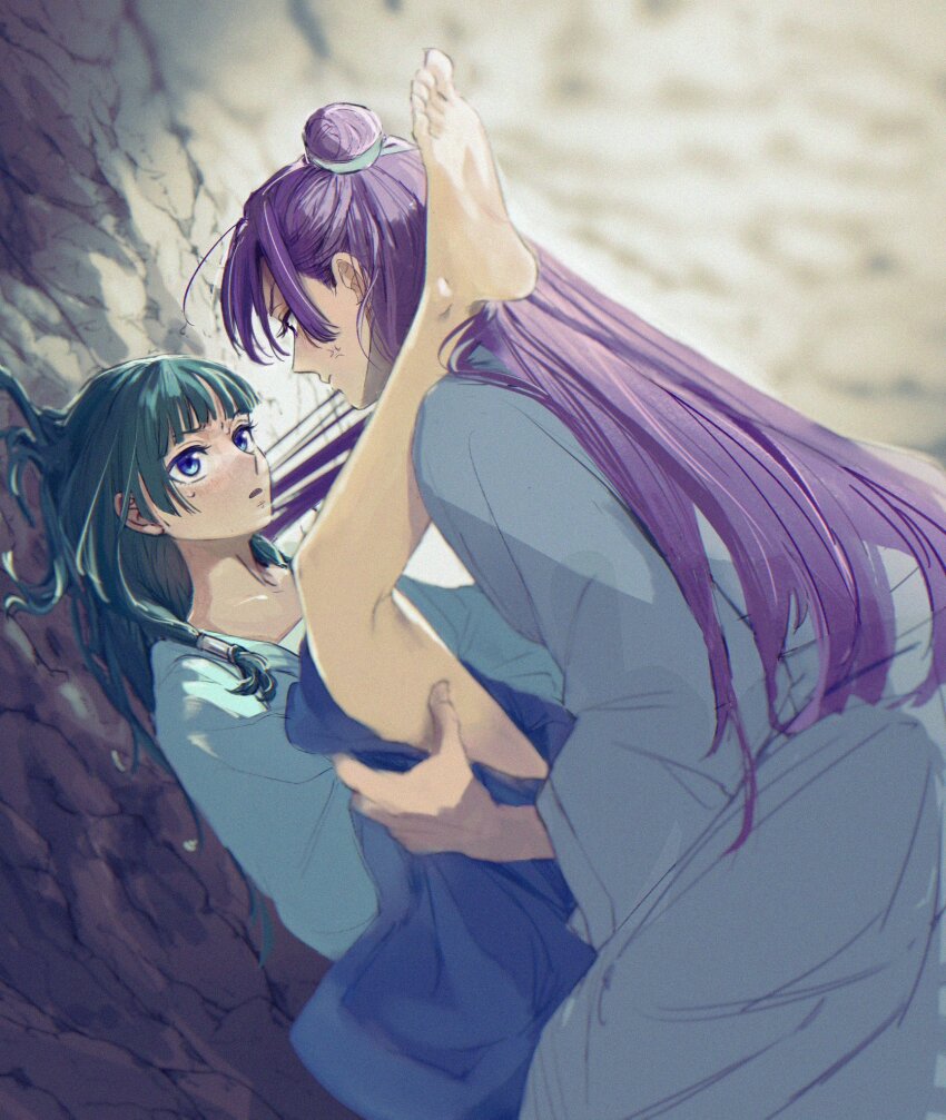 1boy 1girl anger_vein bare_shoulders blue_eyes blue_shirt blue_skirt blunt_bangs chii_(chi_hrd) clothes_lift couple furrowed_brow grey_robe hair_bun hair_tubes hetero highres jinshi_(kusuriya_no_hitorigoto) kusuriya_no_hitorigoto light_blush long_hair maomao_(kusuriya_no_hitorigoto) parted_lips purple_hair robe shirt sidelocks skirt skirt_lift sweat