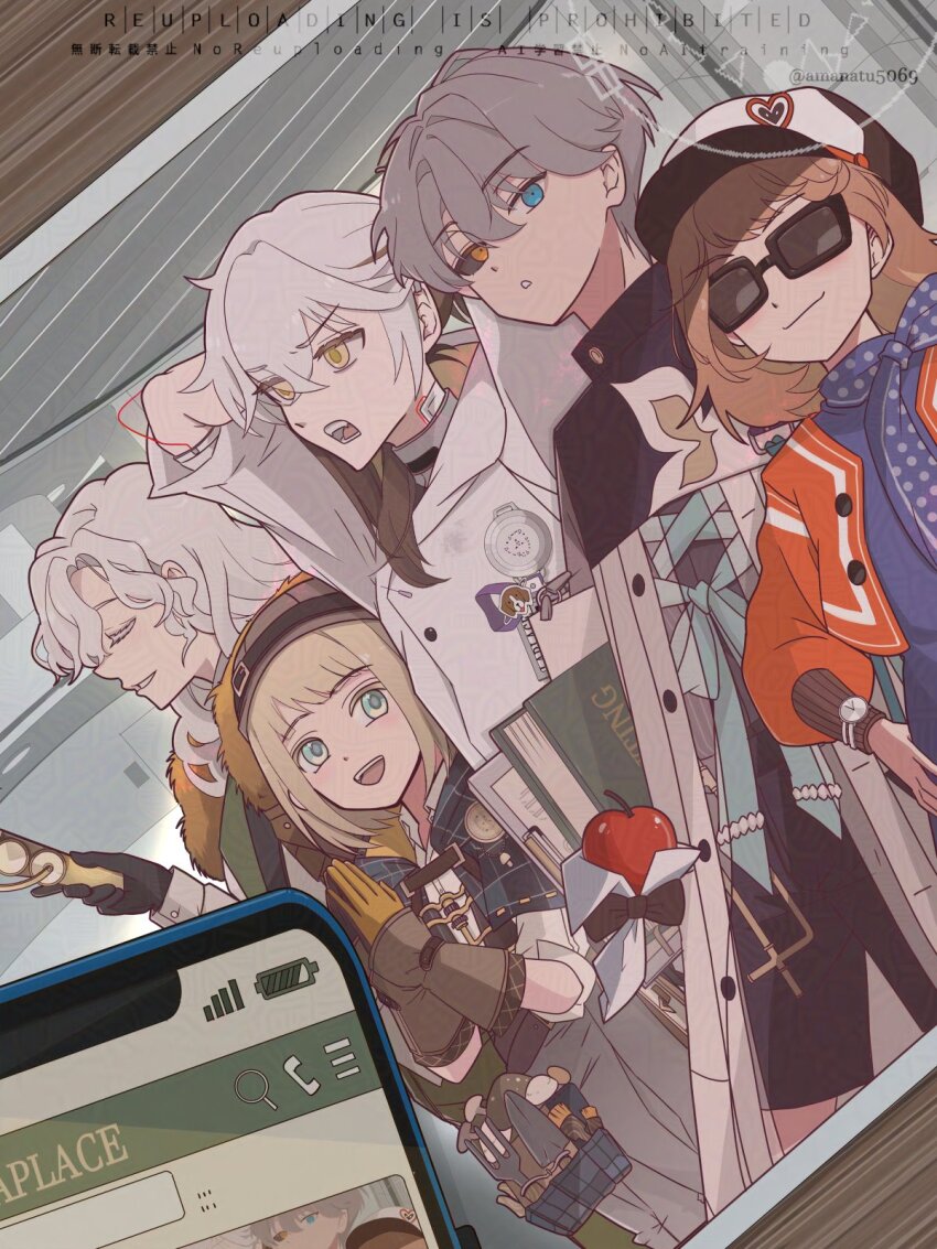 1other 2boys 2girls :d :o adversarial_noise amanatsu_(amanatu5069) arm_up arms_behind_head black_sclera black_shorts blonde_hair blue_dress blue_neckerchief brown_gloves brown_hair brown_hat newsboy_cap cellphone closed_eyes closed_mouth coat colored_sclera dress dutch_angle ezra_theodore gloves grey_hair hat heterochromia highres jacket long_hair looking_at_viewer medicine_pocket mismatched_sclera multiple_boys multiple_girls neckerchief open_mouth own_hands_clasped own_hands_together phone photo_(object) polka_dot_neckerchief red_jacket regulus_(reverse:1999) reverse:1999 short_hair shorts smartphone smile sunglasses v-shaped_eyebrows white_coat white_hair windsong_(reverse:1999) x_(reverse:1999) yellow_eyes