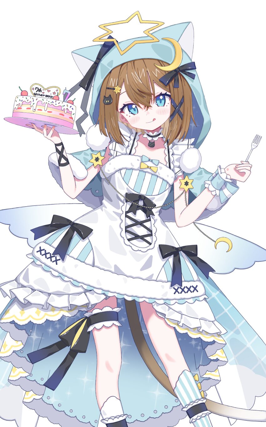 1girl absurdres blue_eyes blush brown_hair cake capelet cat_tail dress food fork hair_between_eyes hair_ornament hands_up highres holding holding_fork holding_plate hood hood_up hooded_capelet kumonoue_yumemi long_hair looking_at_viewer morumoru_x plate second-party_source simple_background smile solo tail thigh_strap tongue tongue_out virtual_youtuber white_background white_dress yumemi_channel