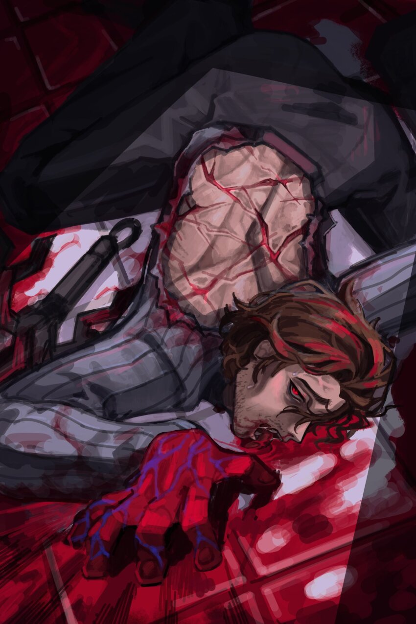 1boy beanni beard_stubble black_pants blood blood_from_mouth blood_on_clothes blood_on_ground brown_hair collared_shirt colored_extremities commentary deep_wound english_commentary facial_hair gregor_(project_moon) grey_shirt highres injury limbus_company lying male_focus medium_hair on_floor on_stomach pants project_moon red_eyes red_hands scratches shirt solo striped_clothes striped_shirt stubble torn_clothes torn_shirt