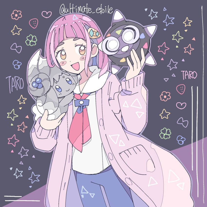2girls :d @_@ alcremie alcremie_(berry_sweet) alternate_color arched_bangs blue_eyes blue_pants blueberry blueberry_hair_ornament blush_stickers cardigan dewlap floating food food-themed_creature food-themed_hair_ornament fruit gen_7_pokemon gen_8_pokemon grey_hair hair_ornament hairclip highres holding holding_pokemon lacey_(pokemon) long_sleeves looking_at_viewer minior minior_(core) multiple_girls neckerchief nintendo open_cardigan open_clothes open_mouth pants pink_hair pokemon pokemon_(creature) pokemon_sv purple_cardigan red_neckerchief remoooon shiny_pokemon shirt short_hair simple_background smile standing upper_body white_shirt yellow_eyes