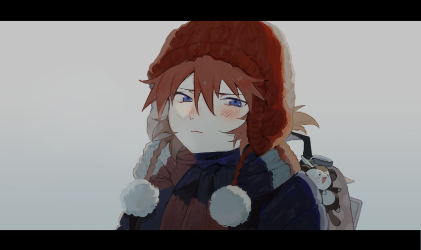 1girl black_jacket blue_eyes blush chuanhua closed_mouth commentary_request frown grey_background hair_between_eyes hat highres jacket knit_hat letterboxed neon_genesis_evangelion orange_hair pom_pom_(clothes) portrait red_hat red_scarf scarf short_hair solo souryuu_asuka_langley winter_clothes