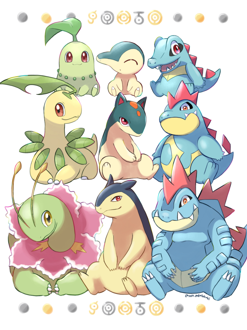 artist_name bayleef chikorita closed_eyes croconaw cyndaquil evolutionary_line feraligatr gen_2_pokemon highres meganium nintendo no_humans open_mouth pokemon pokemon_(creature) quilava simple_background starter_pokemon_trio totodile typhlosion unown unownglyphics user_wuxd3433 watermark