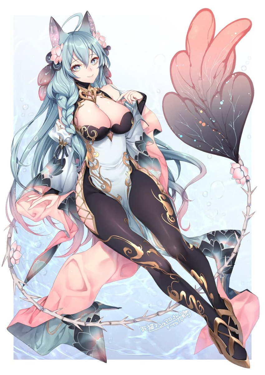 ahoge animal_ears artist_request blue_eyes blue_hair bone breasts fin gold hair_tail high_heels highres japanese_clothes large_breasts nails original smile thighhighs water