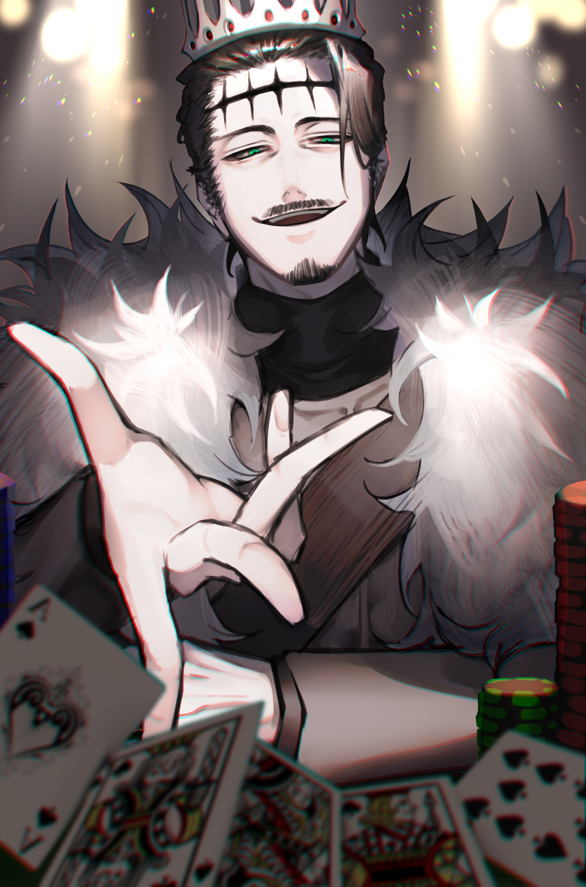 1boy absurdres arm_rest arms_on_table black_clover black_hair black_shirt blurry blurry_background blurry_foreground brown_jacket cape card crown dante_zogratis depth_of_field facial_hair facial_mark frit_2 full_house_(poker) fur_cape fur_collar gem goatee green_eyes grin hair_behind_ear hair_slicked_back high_collar highres indoors jacket light_particles light_rays looking_at_viewer male_focus mustache narrowed_eyes open_mouth outstretched_hand playing_card poker_chip queen_(playing_card) queen_of_spades_(playing_card) red_gemstone shirt short_hair shoulder_strap sideburns single_sidelock smile smug solo straight-on teeth upper_teeth_only