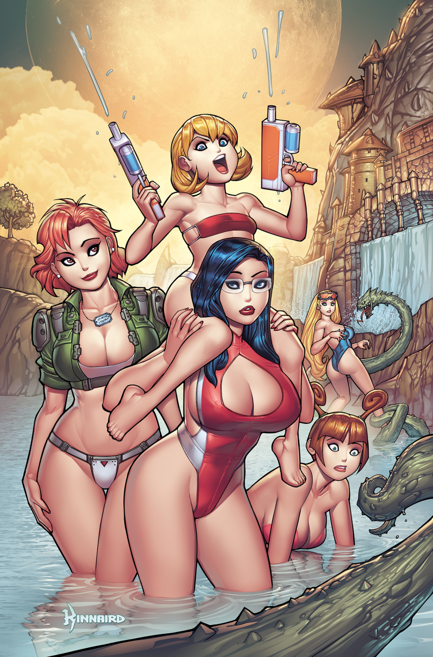 5girls bikini black_hair blonde_hair breasts brown_hair b.b._hood cammy_white capcom character_request cleavage_cutout clothing_cutout commentary company_connection darkstalkers dog_tags english_commentary goggles goggles_on_head highres holding holding_water_gun huge_breasts june_lin_milliam justice_gakuen minazuki_kyouko multiple_girls official_alternate_costume one-piece_swimsuit partially_submerged ryan_kinnaird small_breasts star_gladiator street_fighter street_fighter_v swimsuit thighs tree water_gun