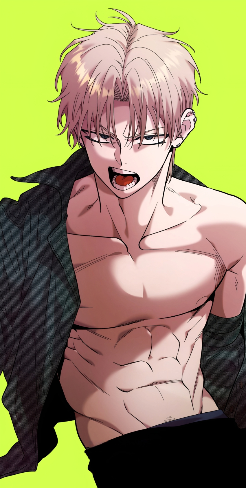1boy absurdres black_pants black_shirt blue_eyes childhood_friend_complex eunhi green_background highres kim_mincheol long_hair looking_at_viewer muscular muscular_male official_art open_clothes open_mouth open_shirt pants pectorals shirt simple_background sitting solo white_hair