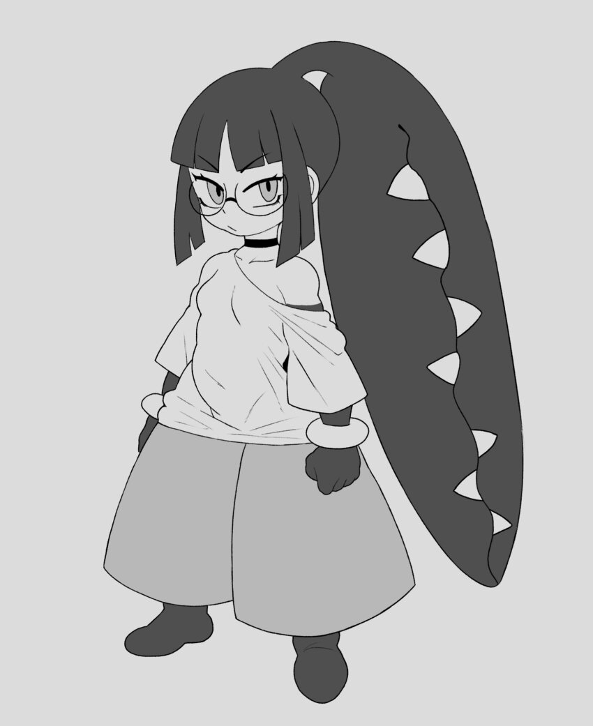 1girl baggy_clothes baggy_pants black_choker blunt_bangs blunt_sidelocks bracelet breasts champchidi choker clothed_pokemon covered_navel full_body gen_3_pokemon glasses greyscale highres humanization jewelry looking_at_viewer mawile monochrome nintendo pants pokemon pokemon_(creature) ponytail round_eyewear semi-rimless_eyewear sidelocks single_bare_shoulder single_off_shoulder small_breasts solo standing v-shaped_eyebrows