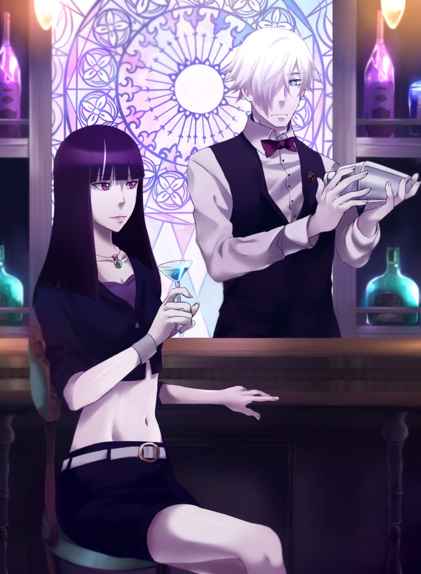 10s 1boy 1girl bad_id bad_pixiv_id bar_(place) belt black_hair blue_eyes bottle bow bowtie chiyuki_(death_parade) cocktail_glass cup death_parade decim_(death_parade) drinking_glass fleur-de-lis hair_over_one_eye highres jewelry kurokami_no_onna lips long_hair midriff miniskirt navel necklace pendant purple_eyes relation_(artist) sitting skirt stained_glass white_belt white_hair wine_bottle