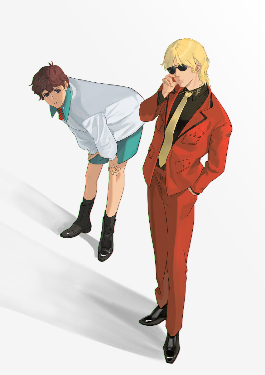 2boys absurdres amate_yuzuriha amate_yuzuriha_(cosplay) amuro_ray black_shirt blonde_hair blue_shorts brown_hair char_aznable commentary cosplay english_commentary formal_clothes gundam gundam_gquuuuuux highres jacket looking_at_viewer mobile_suit_gundam multiple_boys necktie netube pants red_jacket red_pants shirt shorts stretching suit sunglasses white_jacket yellow_necktie zeon