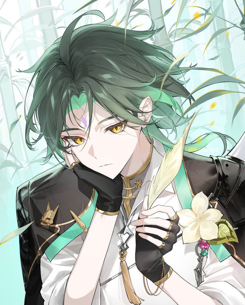 1boy absurdres alternate_costume black_gloves black_hair black_jacket chinese_clothes closed_mouth facial_mark feathers fingerless_gloves forehead_mark genshin_impact gloves green_hair highres holding holding_feather jacket kkopoli long_hair male_focus multicolored_hair shirt short_hair solo streaked_hair tassel white_shirt xiao_(genshin_impact) yellow_eyes