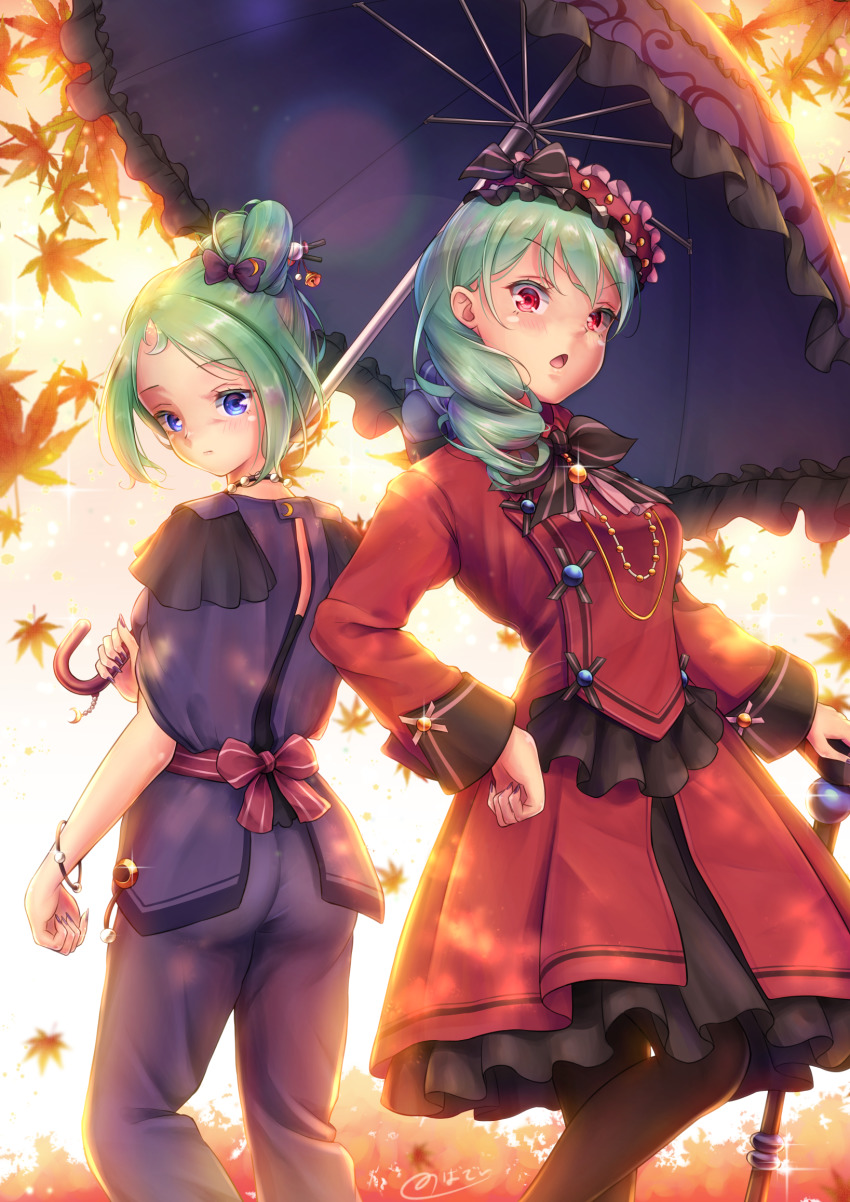 2girls akizora_mina akizora_mona ass blue_eyes blush breasts cane dress drill_hair gloves green_hair hair_ornament hat highres long_hair looking_at_viewer looking_back multiple_girls novady open_mouth original pants pantyhose red_dress red_eyes reverse_trap short_hair siblings sisters umbrella