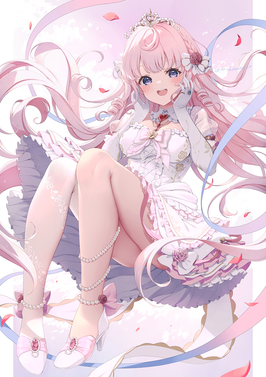 1girl :d ass blush breasts commission crown dress elbow_gloves flower gem gloves hair_flower hair_ornament high_heels highres himeno_aimu indie_virtual_youtuber jewelry large_breasts long_hair looking_at_viewer no_panties open_mouth pink_hair purple_eyes red_footwear red_gemstone ring skeb_commission smile solo very_long_hair virtual_youtuber white_dress white_footwear white_gloves yoshino_ryou