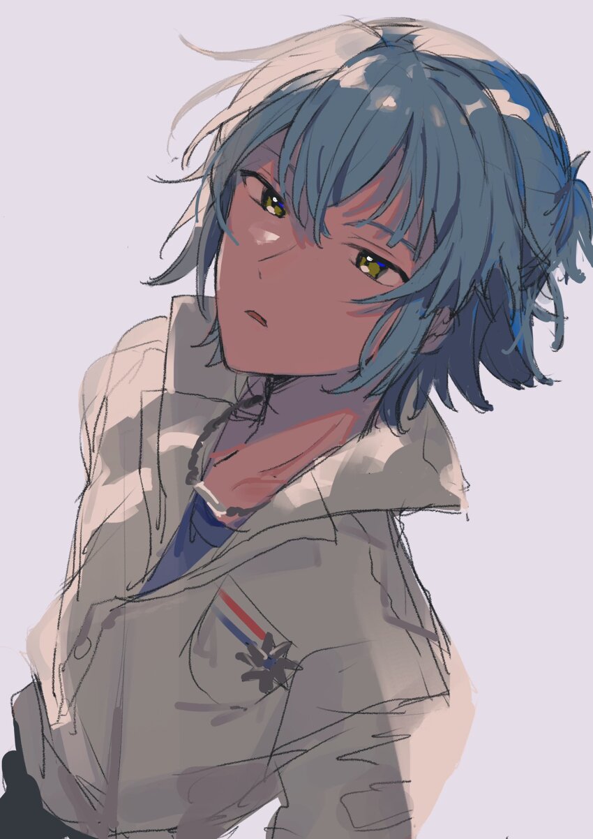 1boy black_pants blue_hair blue_shirt half_updo highres jacket jewelry light_blue_hair long_sleeves looking_at_viewer mahoutsukai_no_yakusoku necklace nero_turner pants parted_lips piza-chan ponytail shirt short_ponytail sketch solo white_background white_jacket yellow_eyes