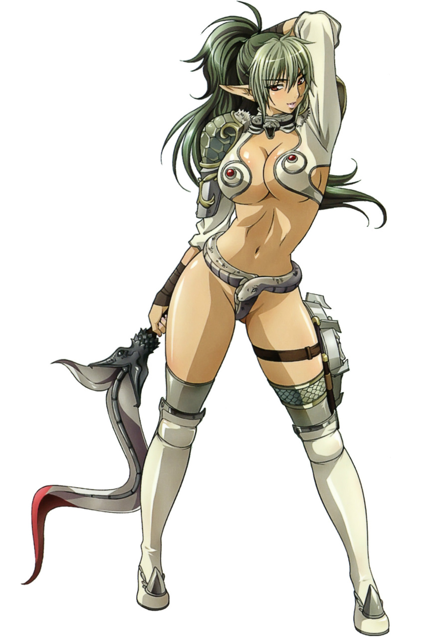 1girl _tail armor breasts cleavage dark-skinned_female dark_skin echidna_(queen&#039;s_blade) elf female_focus full_body green_hair highres horse large_breasts lipstick long_hair makeup pointy_ears ponytail queen&#039;s_blade red_eyes rin-sin simple_background snake solo standing sword underboob veteran_mercenary_echidna weapon white_background