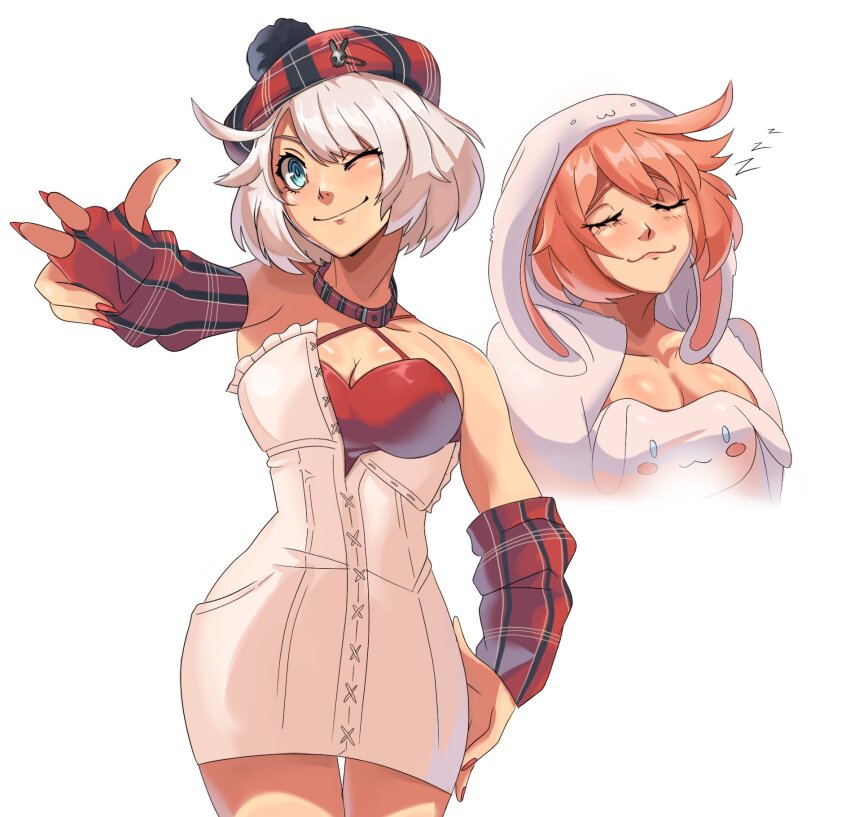 1girl ahoge alternate_costume beret blue_eyes blush breasts cinnamoroll cleavage dress elphelt_valentine fuwa_fuwa_cinnamoroll guilty_gear guilty_gear_strive guilty_gear_xrd hat highres huge_ahoge large_breasts looking_at_viewer multiple_views nateflotas pink_hair plaid_clothes plaid_headwear red_dress red_hat red_nails sanrio short_hair smile two-tone_dress upper_body white_dress white_hair zzz