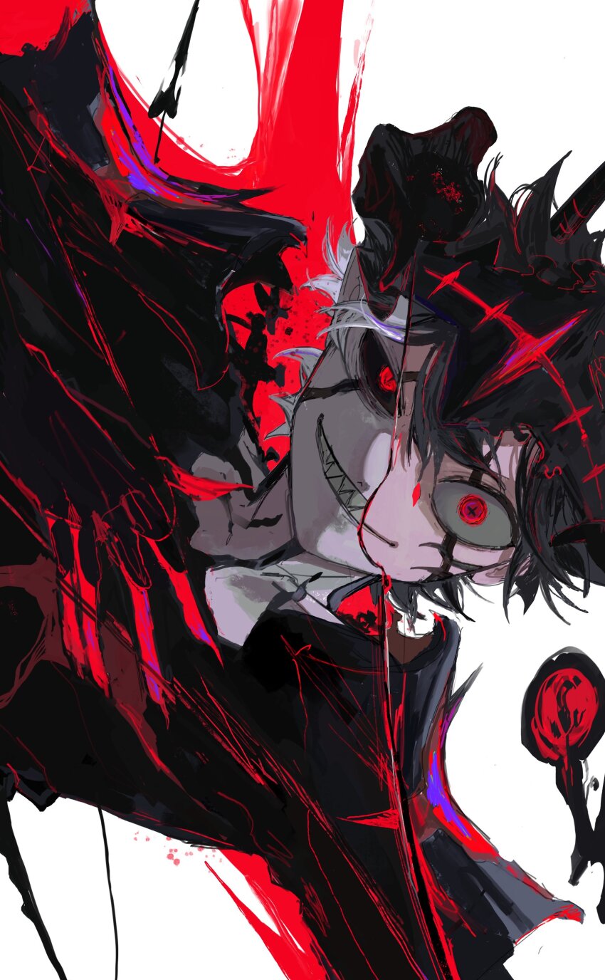 2boys absurdres asta_(black_clover) black_clover black_hair closed_mouth cross-shaped_pupils fusion highres liebe_(black_clover) male_focus multiple_boys open_mouth poonwip red_eyes sharp_teeth short_hair simple_background smile spiked_hair symbol-shaped_pupils teeth white_background white_hair